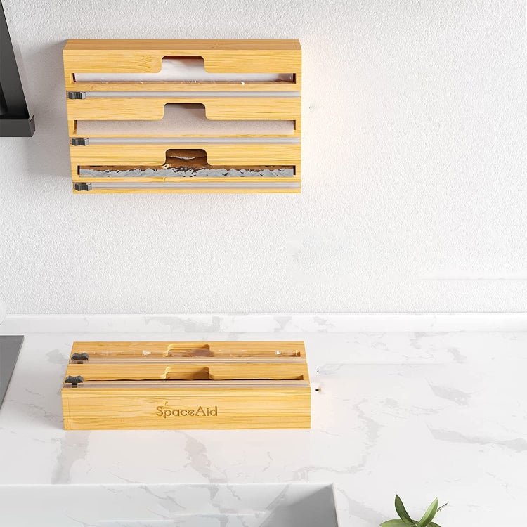 Bamboo wrap dispenser box with multiple slots mounted on wall, brand SpaceAid visible
