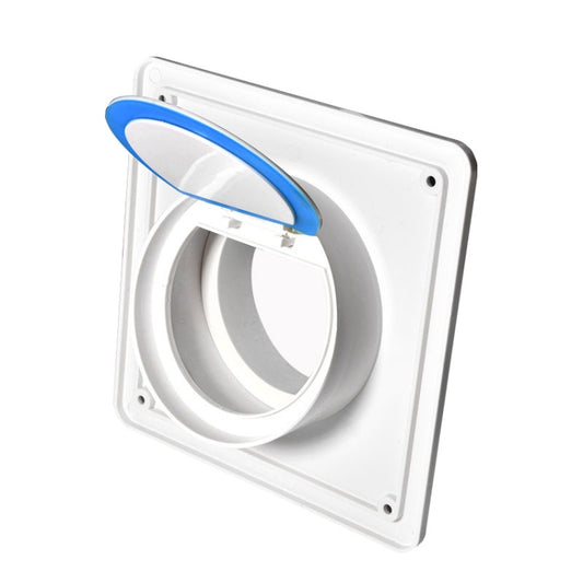 Bathroom exhaust check valve with white square cover and circular blue seal ring