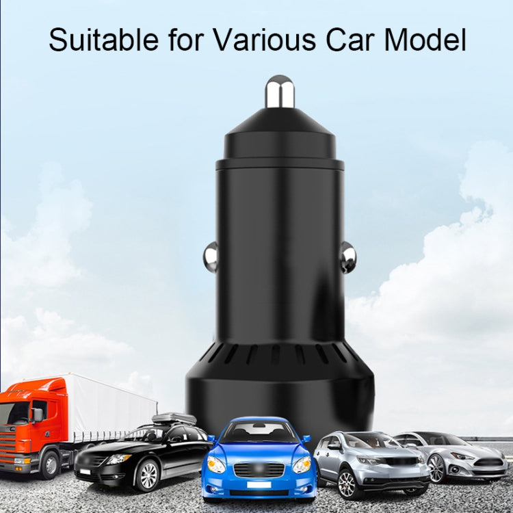 Black dual-port car charger with aluminum alloy body and two-ring USB charging heads
