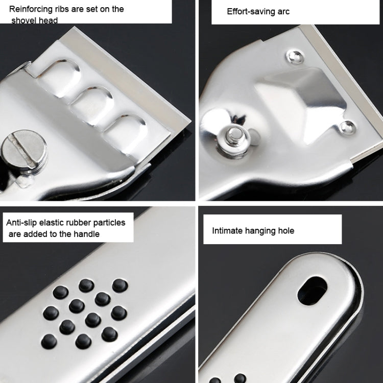 Close-up of metal scraper features: ribs, anti-slip dots, and hanging hole