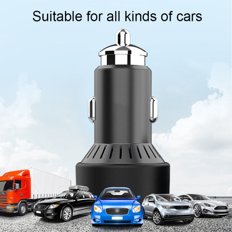 Black dual-USB car phone charger with metal prongs and vented bottom