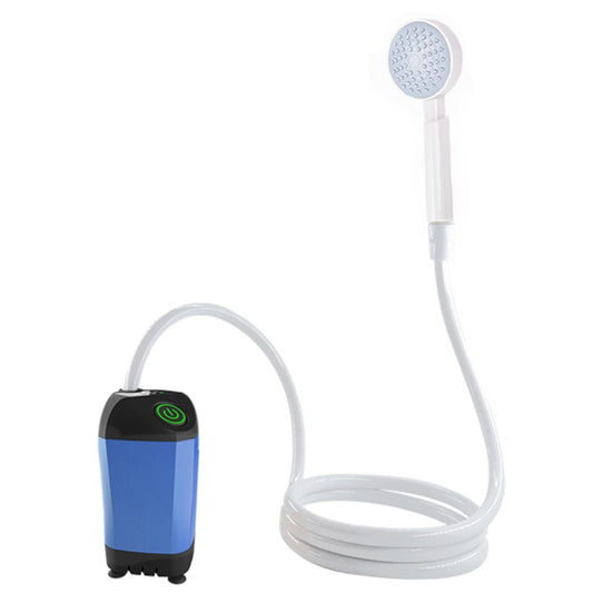 Portable electric shower with blue water tank, handheld spray head, and white coiled hose