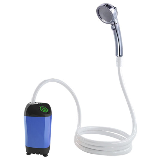 Portable electric shower with blue tank, handheld spray head, and white coiled hose