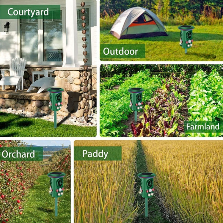 Dark green solar ultrasonic bird repeller stake for outdoor areas like courtyard, orchard, and farmland