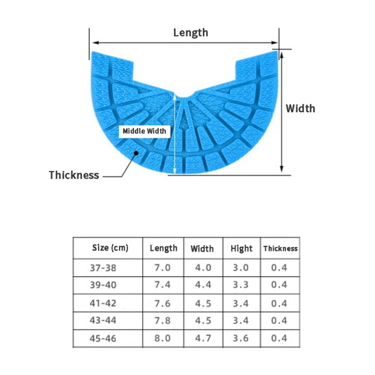 Blue semicircle rubber heel patch with thickness, length, and width measurement diagram