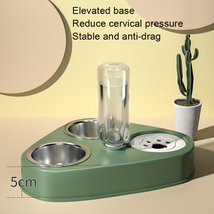 Triangular automatic pet water bowl with elevated base, twin stainless bowls, and clear drinking tube