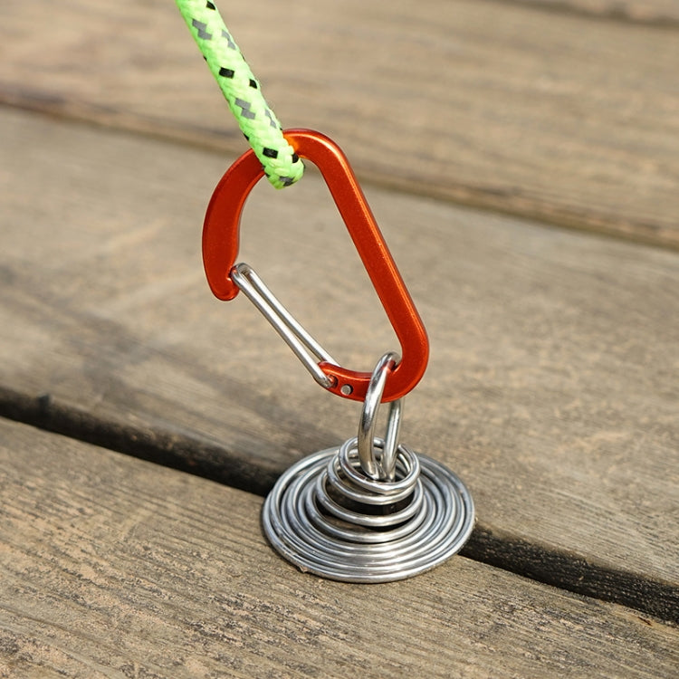 Stainless steel tent rope buckle with green strap and red/orange carabiner on spring base