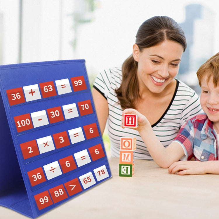 Blue foldable tabletop card display pouch stand with printed card-slot panel on desk.