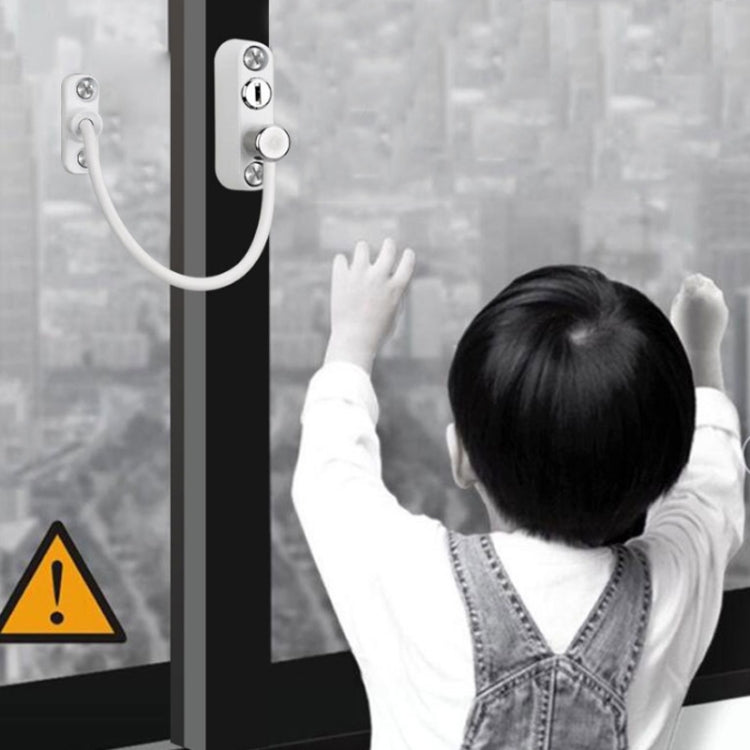 White window push limiter safety lock with cable cord and child hands