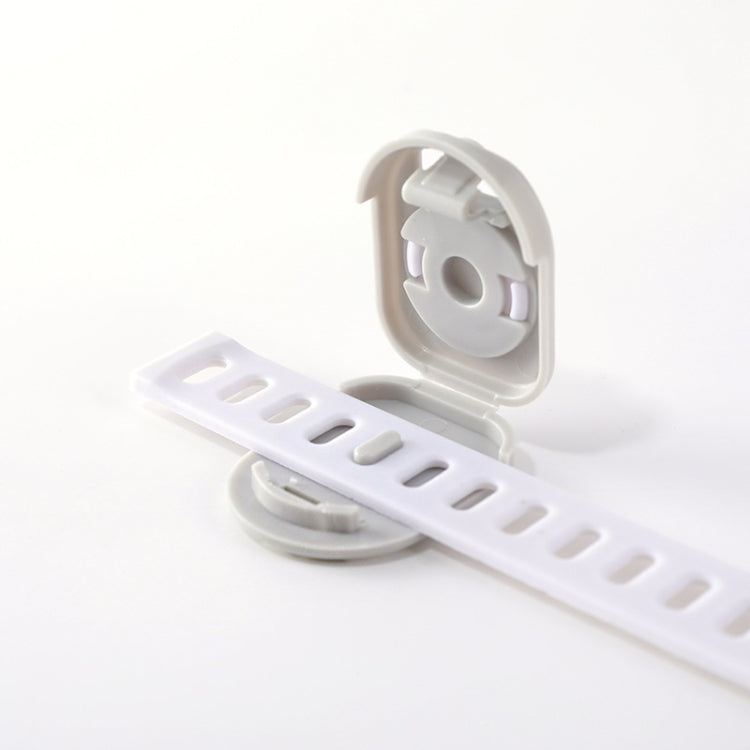 Drawer safety lock, white strap with open mounting base and latch mechanism