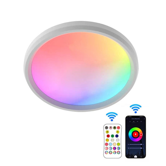 RGB ceiling LED light with circular gray frame, glowing multicolor halo