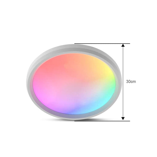 Compact RGB ceiling LED light, circular gray bezel with multicolor glow; 30 cm