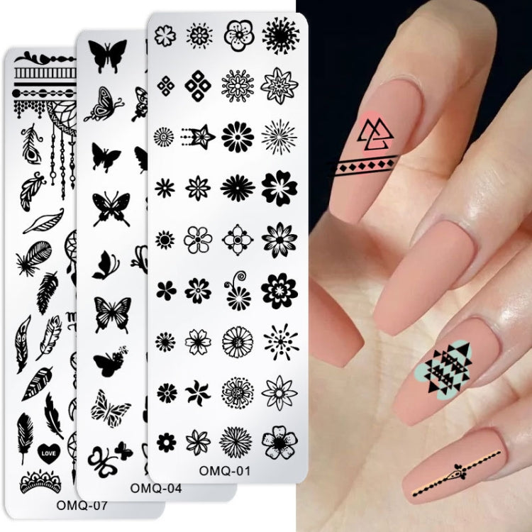 Stainless steel nail art stamp template plates with floral and geometric patterns (OMQ-01)
