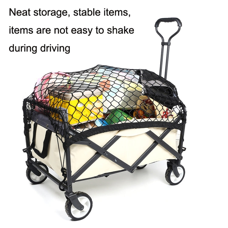 Black mesh net cargo cover pocket bag on a wheeled garden trolley with a sturdy frame