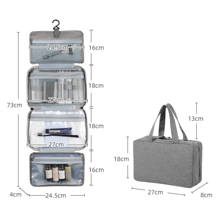 Gray foldable toiletry bag with tote handles and folded organizer layout
