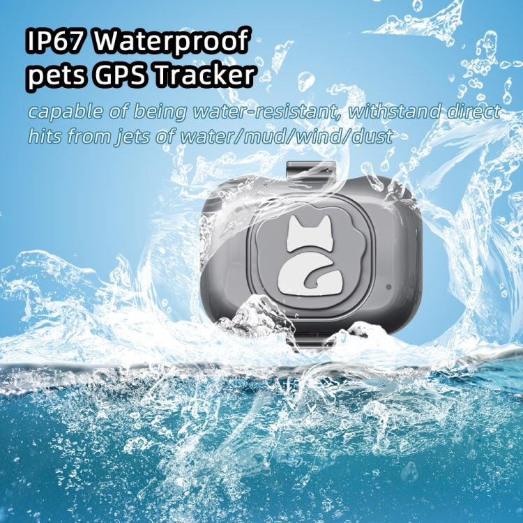 Gray waterproof pet GPS tracker module with water splash around the device