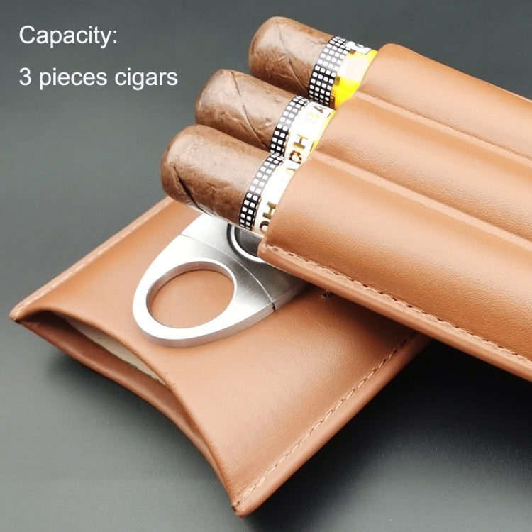 Brown cigar holster with flap and cutter slot, shown with three cigars.
