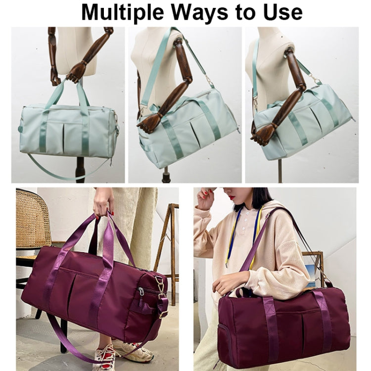 Sports duffel bag shown in multiple carry styles: mint and purple