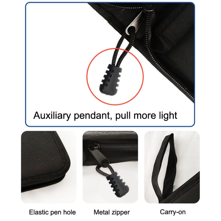 Black pencil case accessory set with metal zipper, elastic pen hole, and carry handle strap