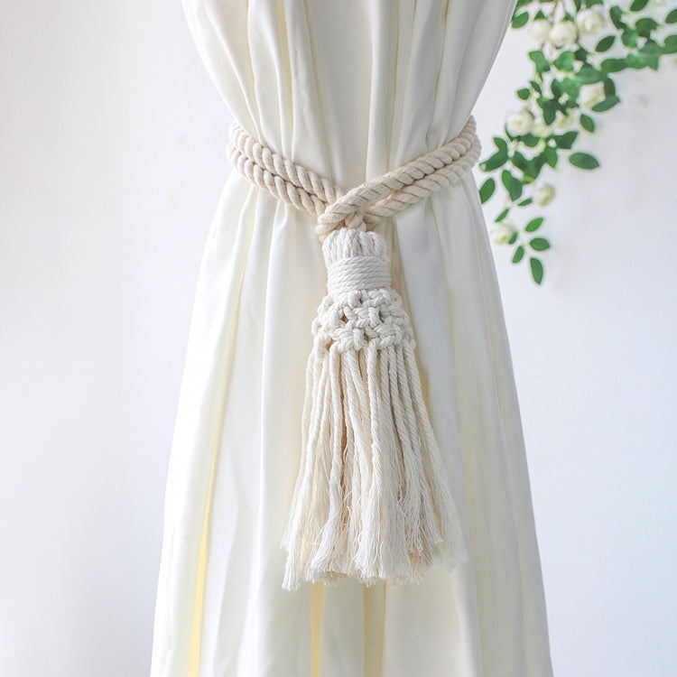 Off-white macrame curtain tie rope with braided knot and long tassel