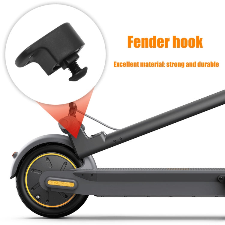 Black fender hook and rear push board attachment near scooter rear wheel