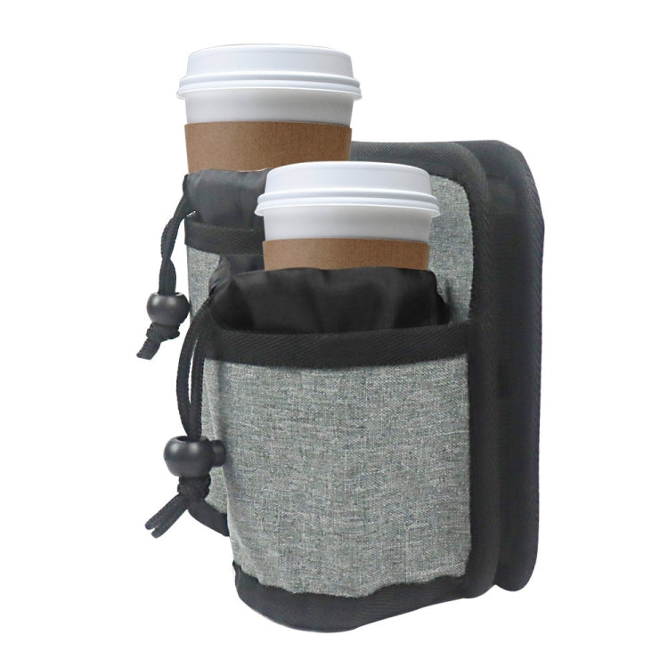 Double cup holder holding two travel coffee cups in gray insulated pockets