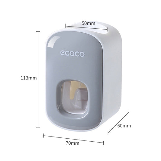 Grey ECOCO automatic toothpaste dispenser with front dispensing window; size diagram
