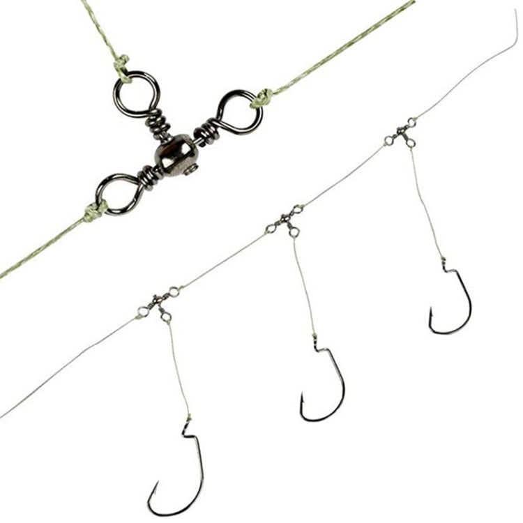 Stainless steel three-pronged swivel rings on fishing line with hook ends