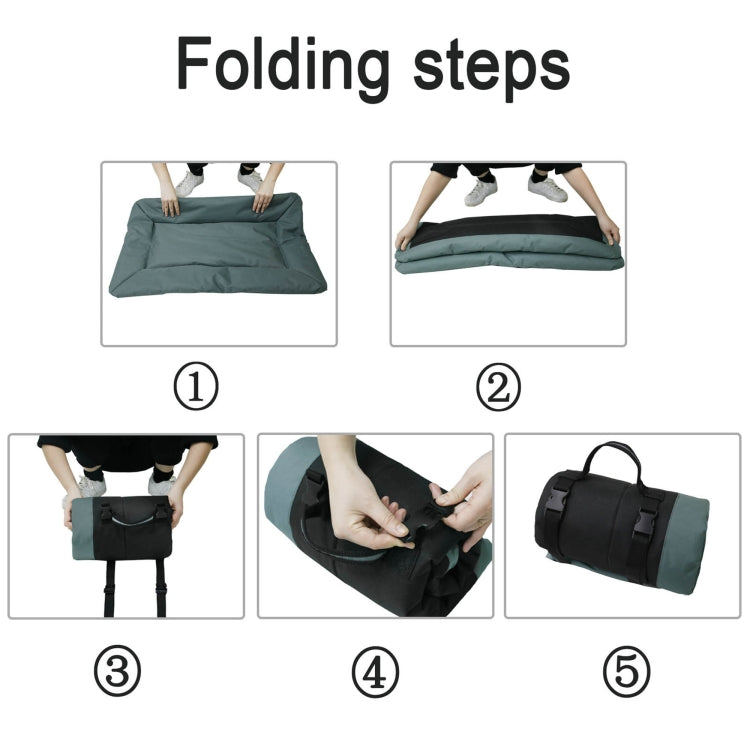Foldable pet sleeping pad shown with bag and folding steps for transport