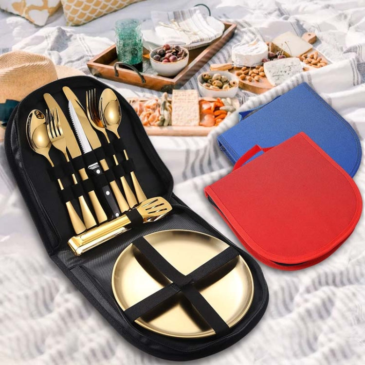 Portable cutlery set in travel pouch: gold-toned spoon, fork, and knife with case slots