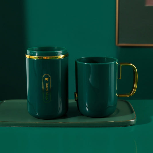 Dark green mouthwash cup set with two matching lidded cups and gold handle detailing