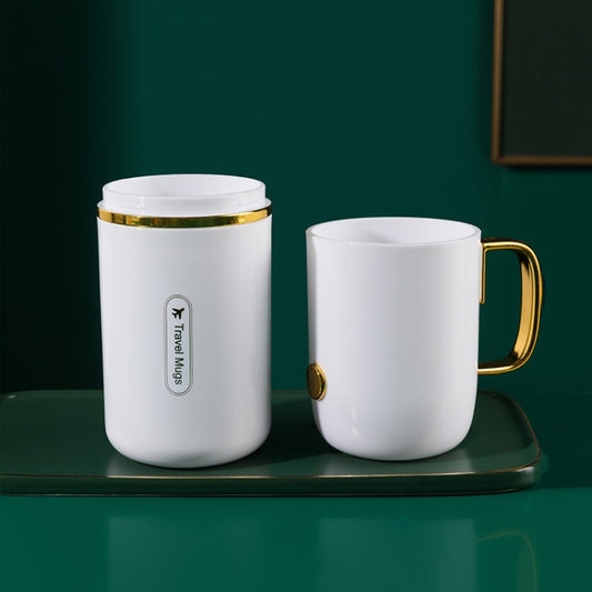 White mouthwash cup set with two lidded cups, gold ring trim, and curved handles