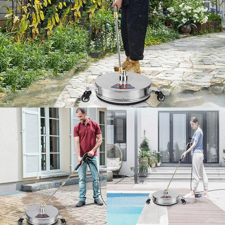 Round floor scrubber high-pressure cleaner, round base with bristle skirt on paved outdoor area
