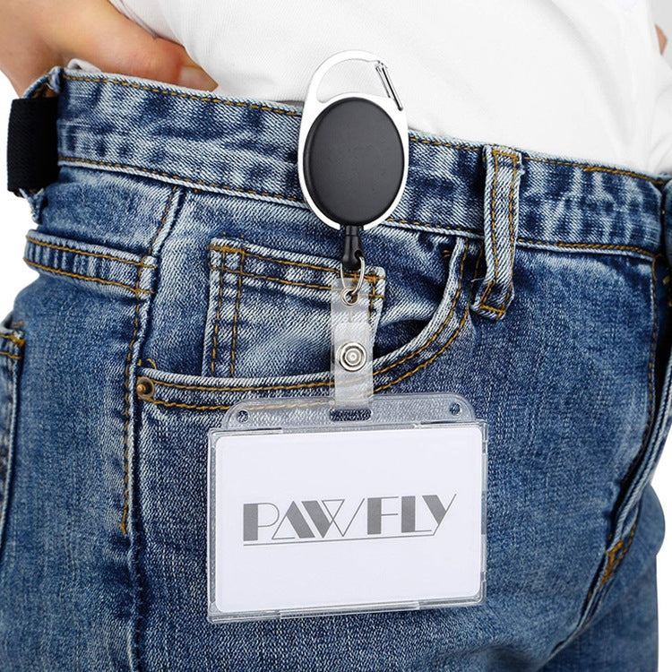 Retractable badge reel with clear horizontal ID holder on blue jeans, PAVFLY badge insert.