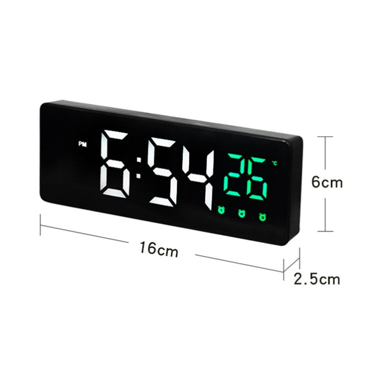 Black LED digital clock with green display and size dimensions marked 16cm by 6cm.