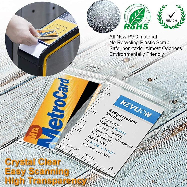 Crystal-clear vertical PVC ID card sleeve with badge insert on tabletop