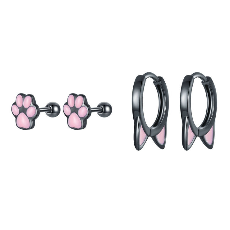 Cat paw stud and cat-ear hoop earrings set, dark metal with pink details, pair