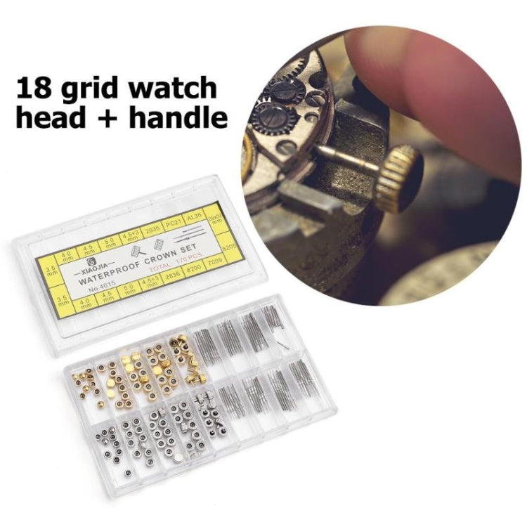 Watch crown set repair parts kit with labeled organizer box and close-up detail