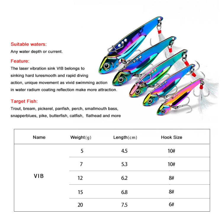 Iridescent blue and purple fishing lure set with feather skirts and size chart