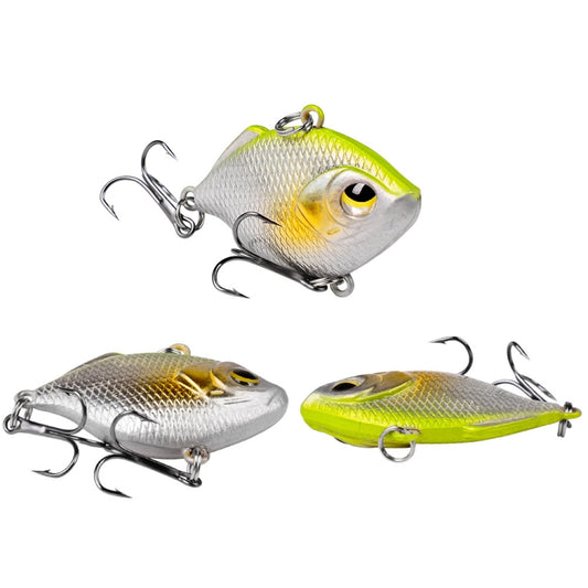 Plastic hard VIB fishing lures set, white and lime-green color, 3D eyes, treble hooks