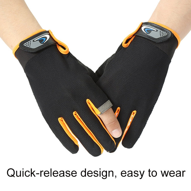 Black two-finger fishing gloves with orange accents, quick-release closure and fingerless design