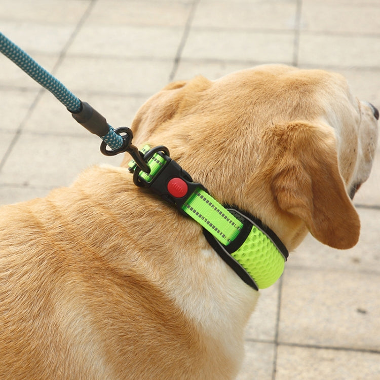 Neon green honeycomb net dog neck collar with black adjustable strap and red snap buckle