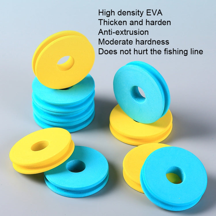 Assorted foam fishing reel main spool disks in yellow and blue stacks