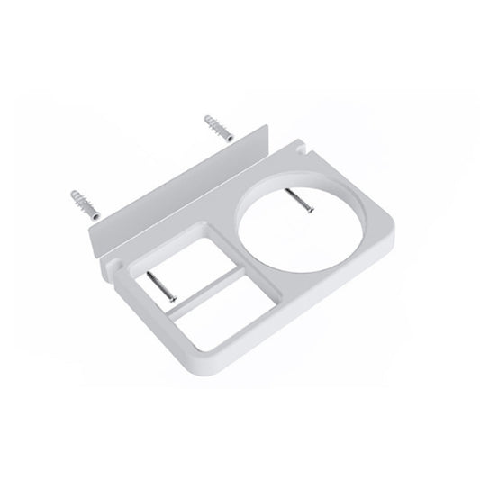 White wall-mount hair dryer bracket shelf with round holder and rectangular tray