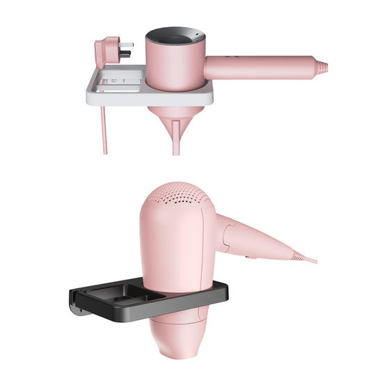 Wall-mount hair dryer bracket shelf holding a pink hair dryer and storage tray