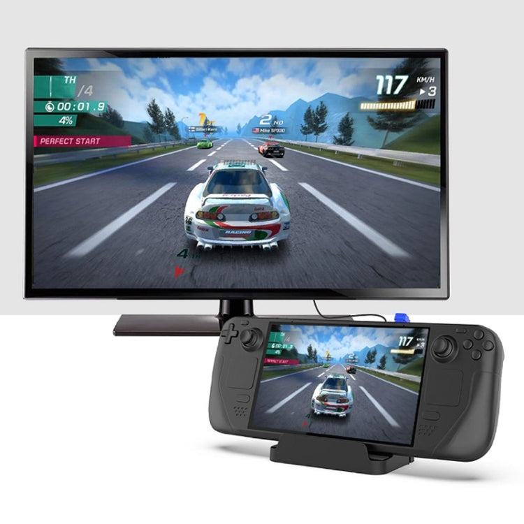 Steam Deck dock base connected to monitor and handheld gaming console stand