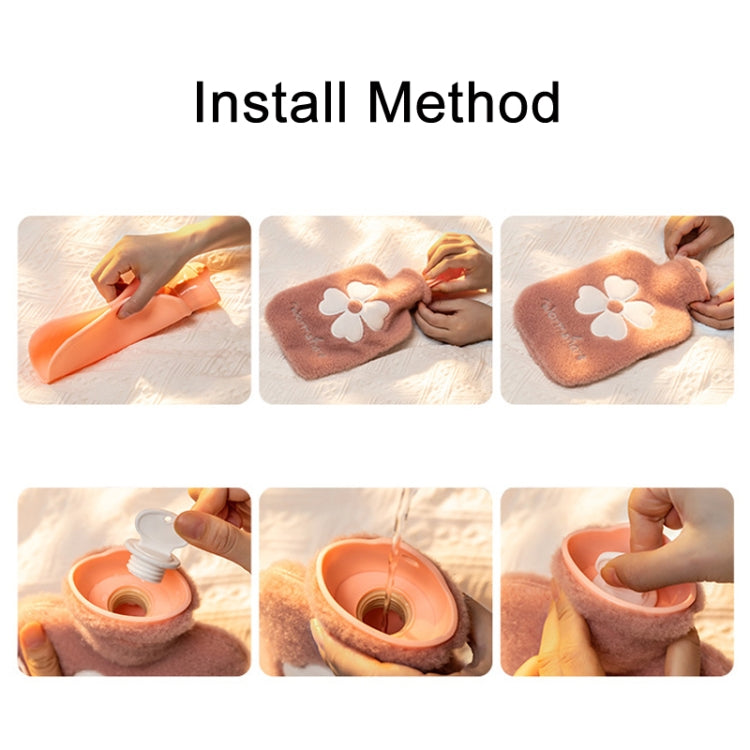 Orange hot water bottle insert being placed into plush cover, installation steps