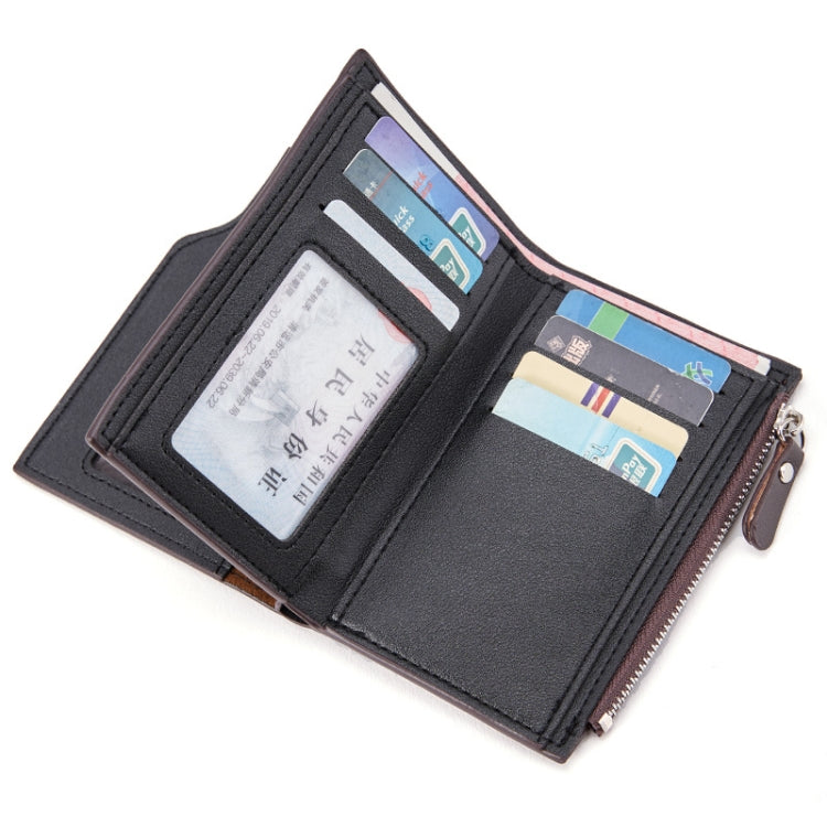 Black men's leather wallet interior with ID window, card slots, and zip coin pocket