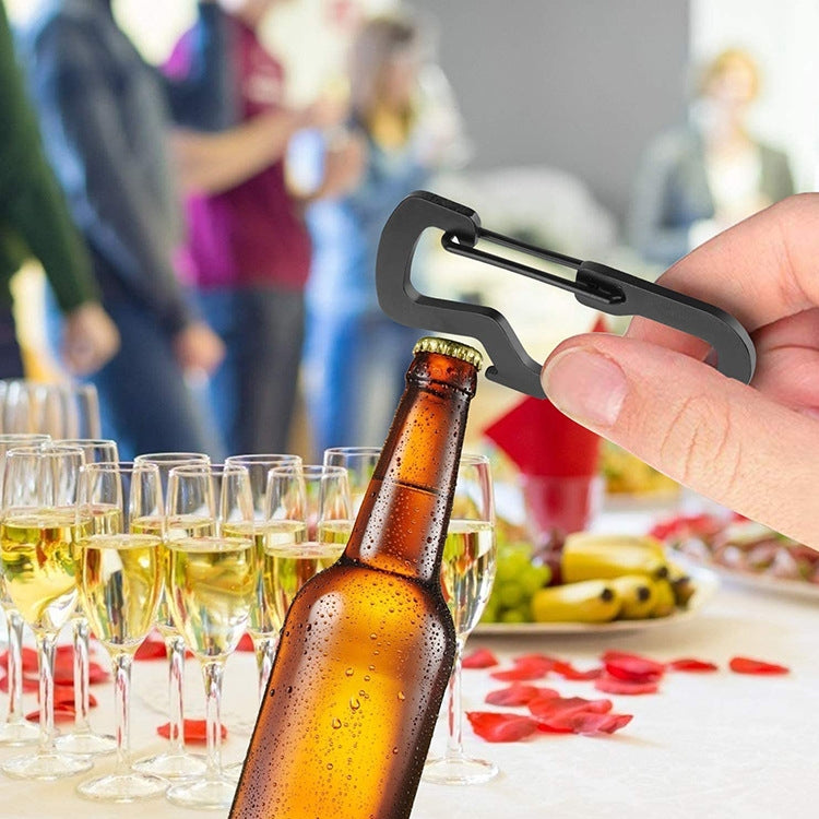 Black bottle-opener carabiner lifting a beer bottle cap