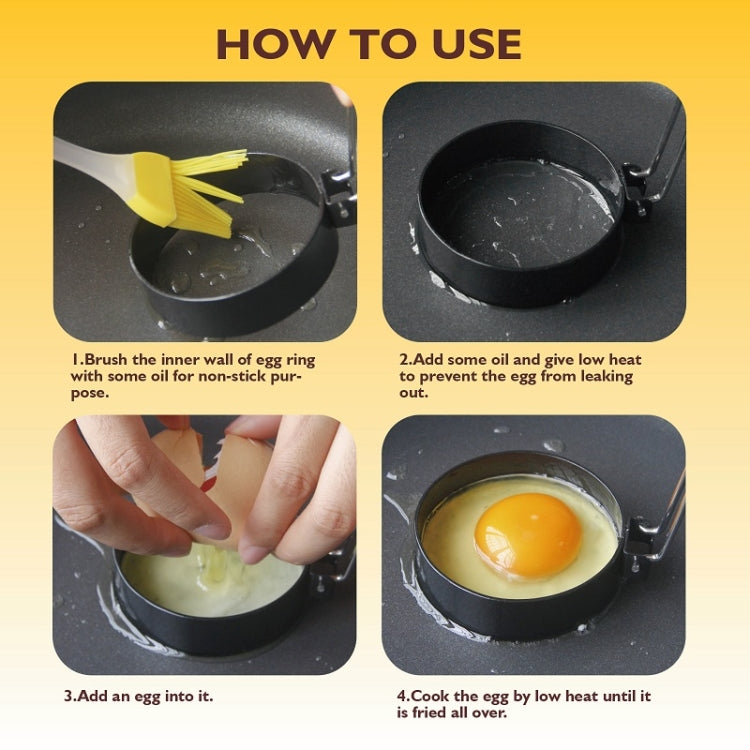 Fried egg ring molds shown with yellow brush and step-by-step cooking panels